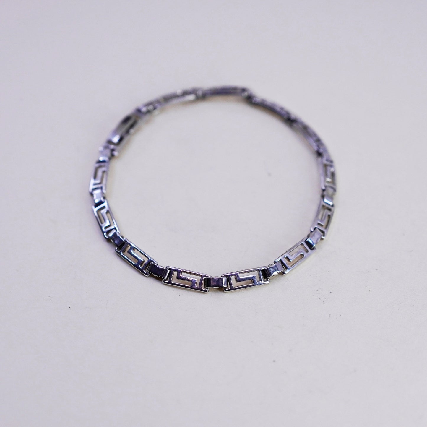 7.25”, Vintage Sterling silver handmade bracelet, 925 Greek key link chain