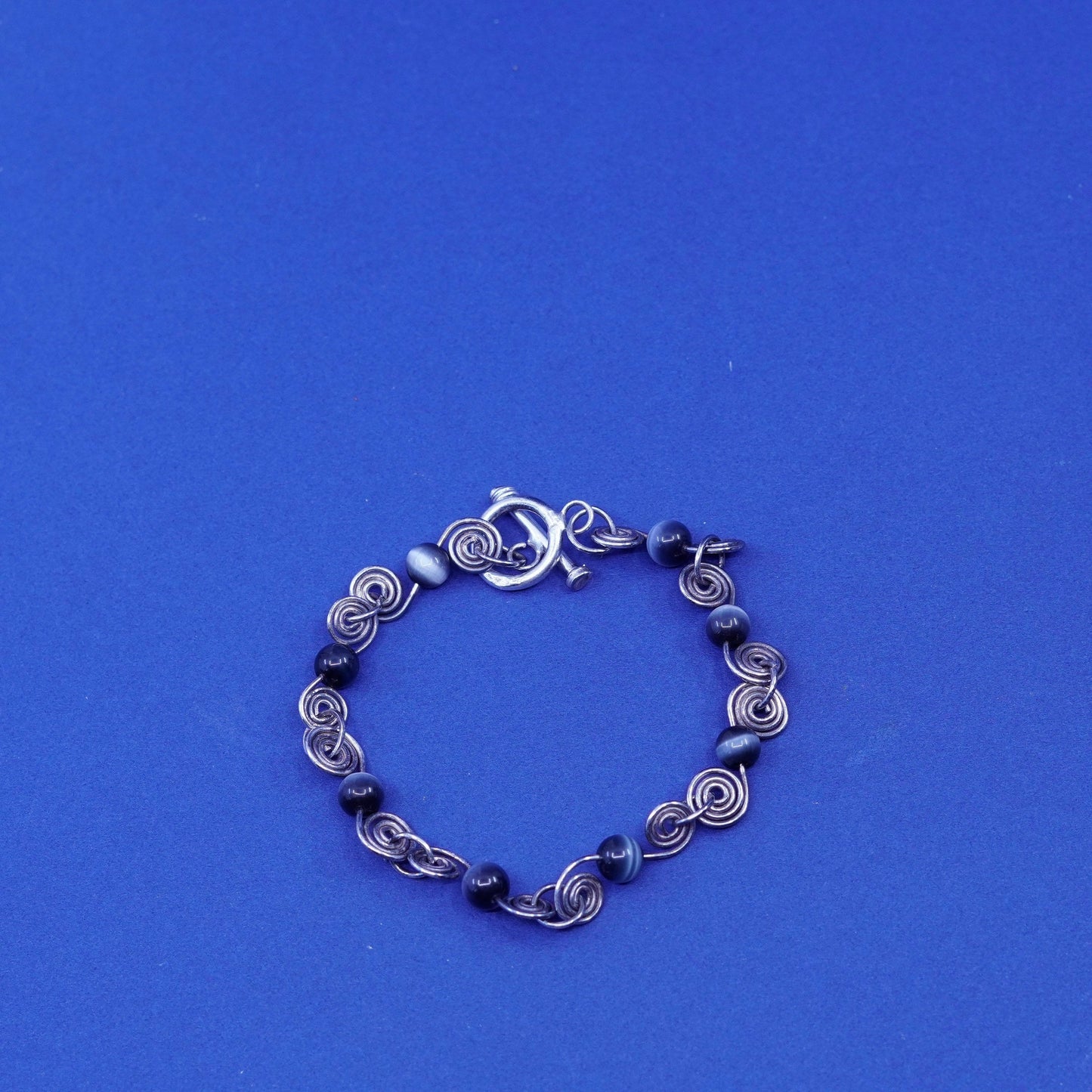 7”, Sterling silver handmade bangle bracelet, 925 swirl chain cat’s eye beads