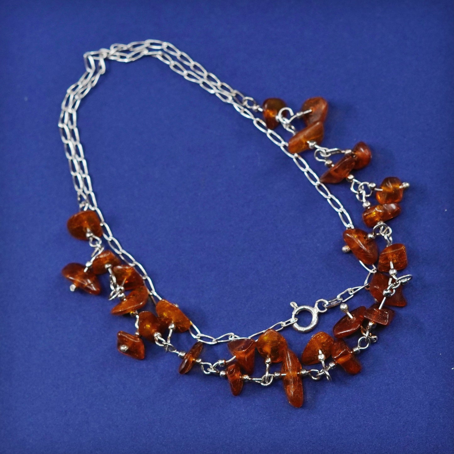 18”, vintage Sterling silver necklace, 925 long chain w/ cluster amber pendant