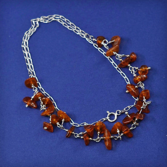 18”, vintage Sterling silver necklace, 925 long chain w/ cluster amber pendant