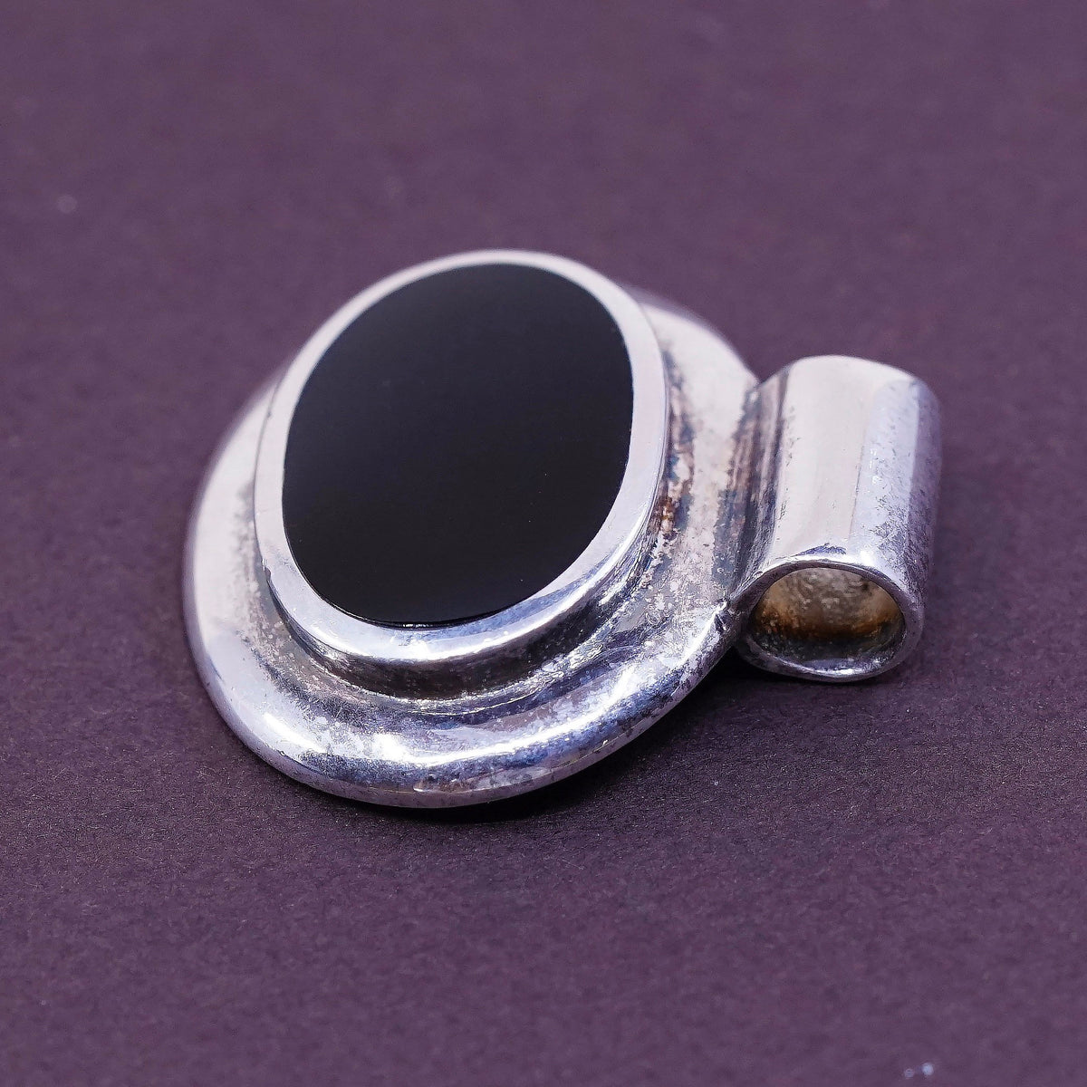 vtg Sterling silver handmade pendant, Mexico 925 w/ oval obsidian, black onyx