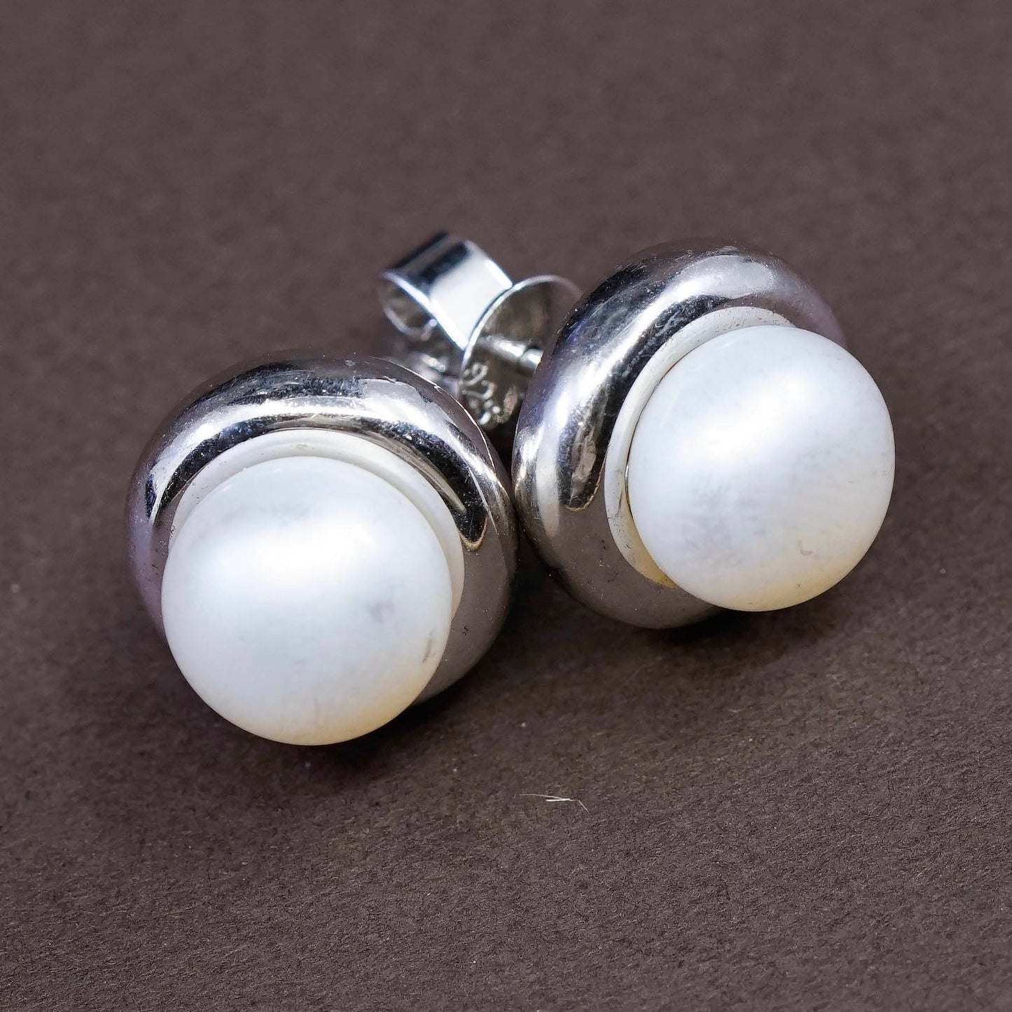Vintage Sterling silver handmade earrings, 925 silver studs with pearl