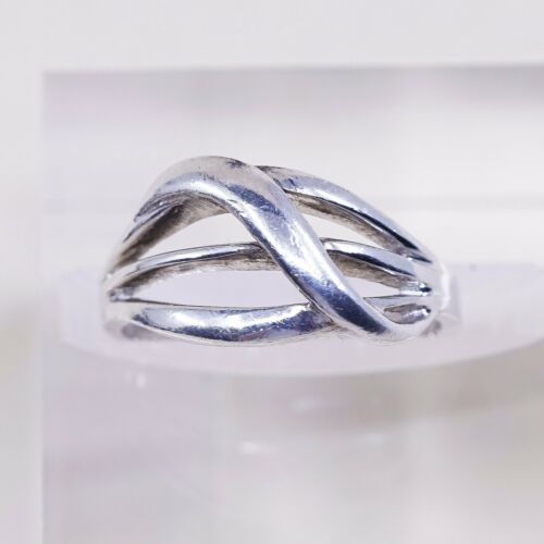 Sz 7.25, Vtg Sterling Silver Handmade Ring 925 Band Entwined Wavy, Stamped 925