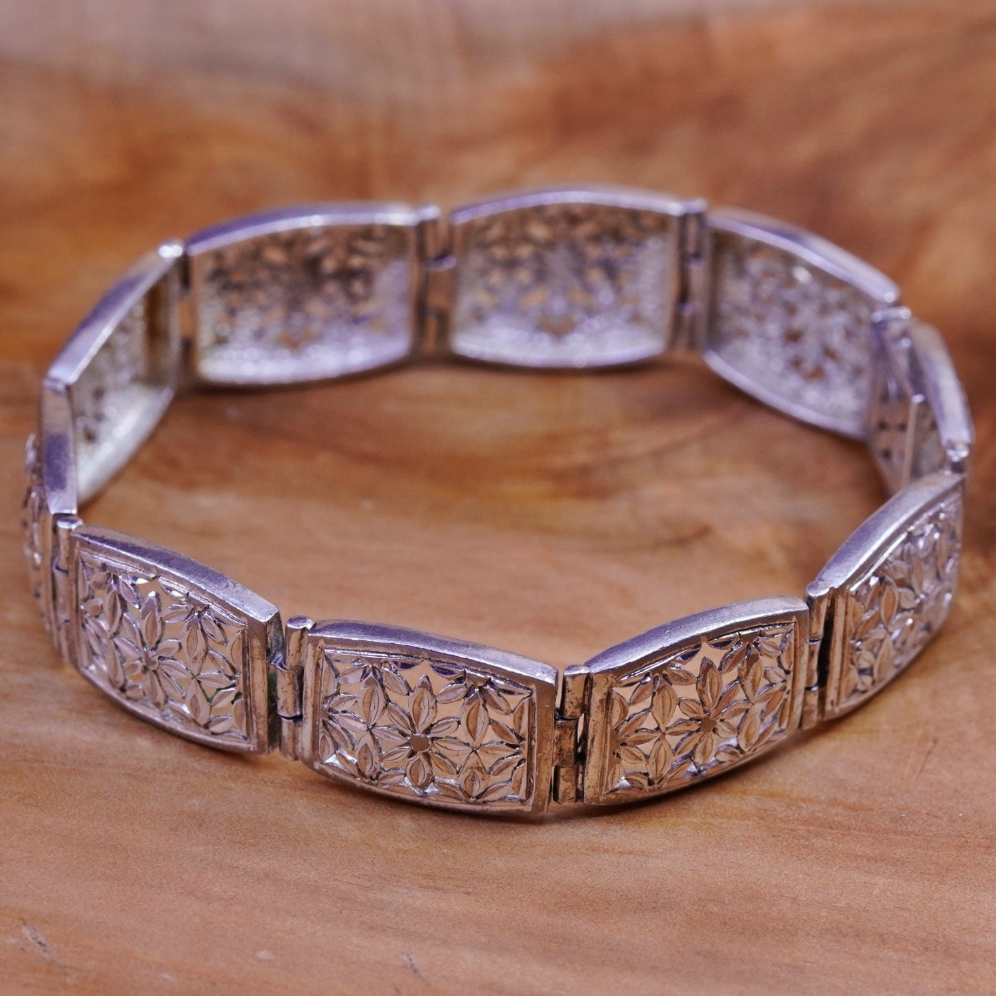 7.25”, vintage Sterling silver handmade bracelet, 925 filigree leafy links