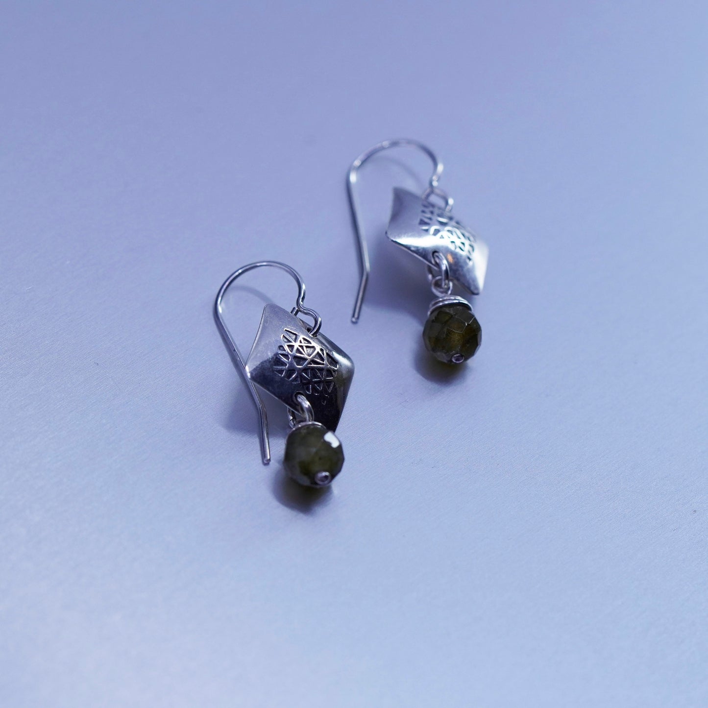 Vintage Sterling 925 silver handmade square textured earrings with smoky topaz