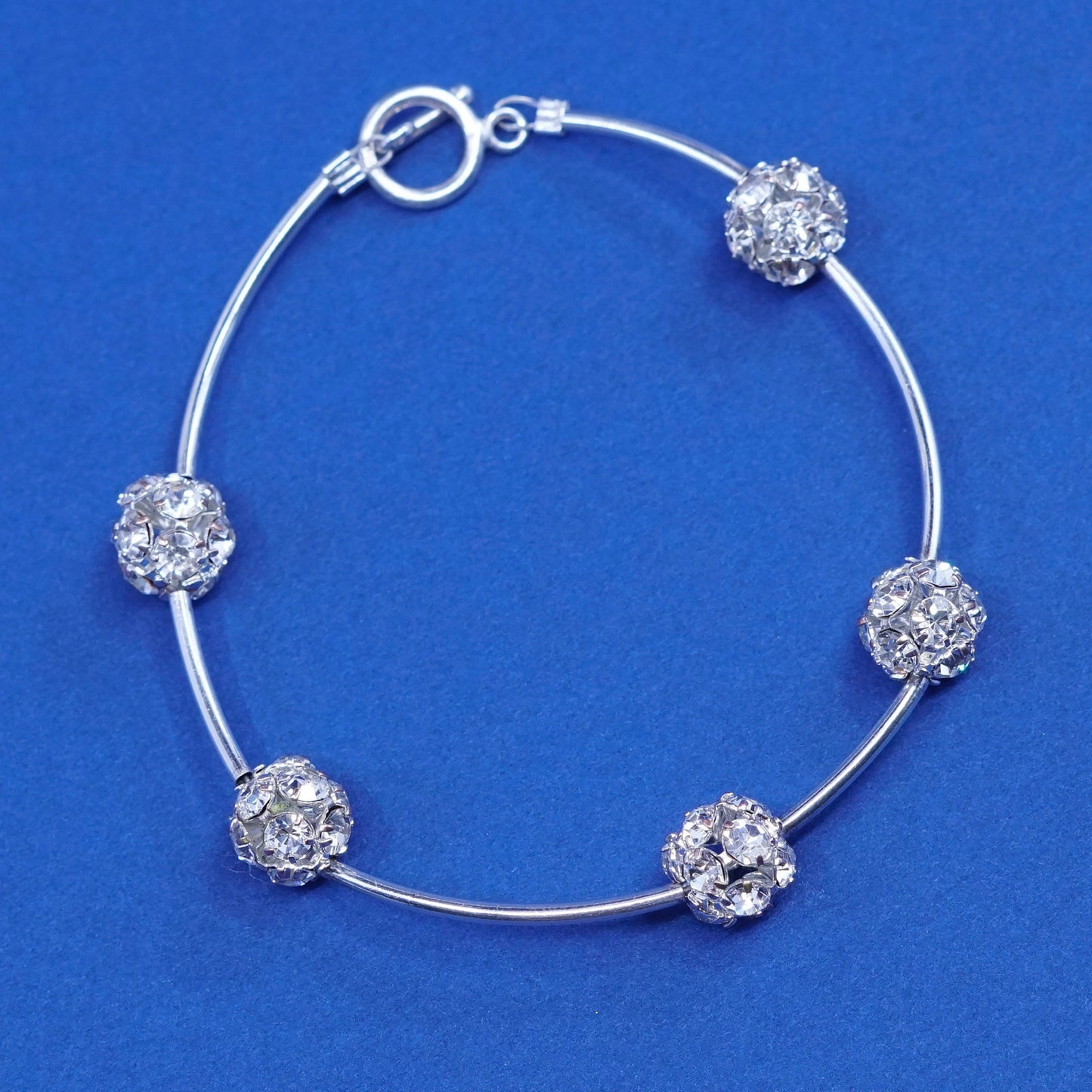 6.5”, Sterling silver handmade bracelet, 925 bar with cluster Cz beads