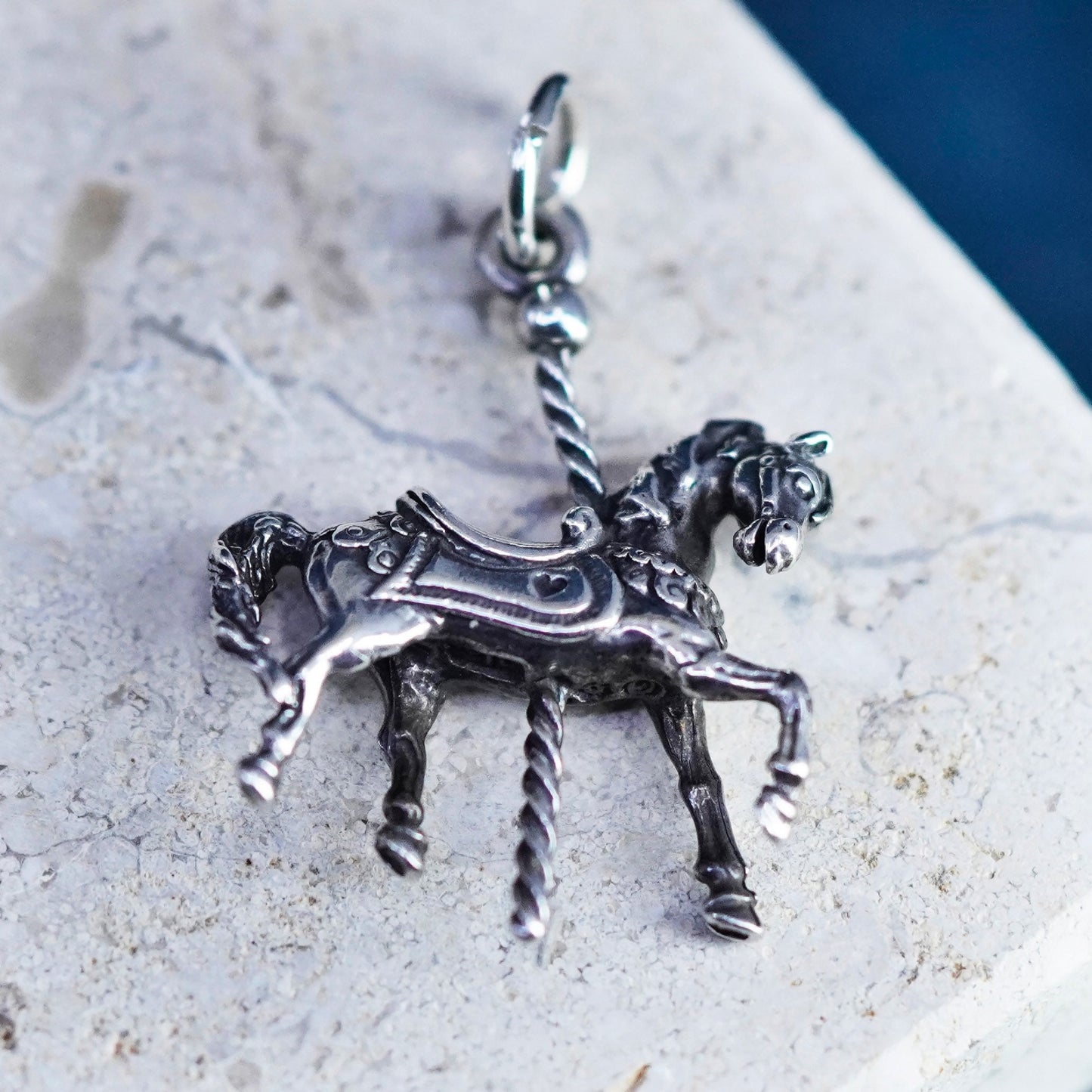 Vintage sterling silver handmade pendant, 925 horse carousel charm