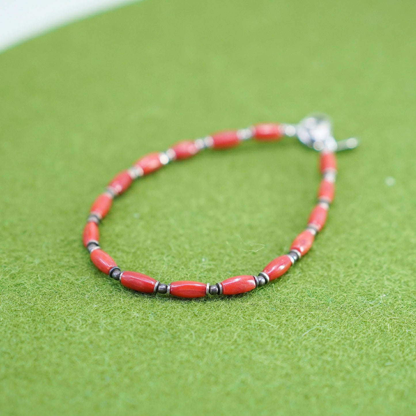 6.75”, southwestern 925 Sterling silver handmade heishi bracelet coral beads