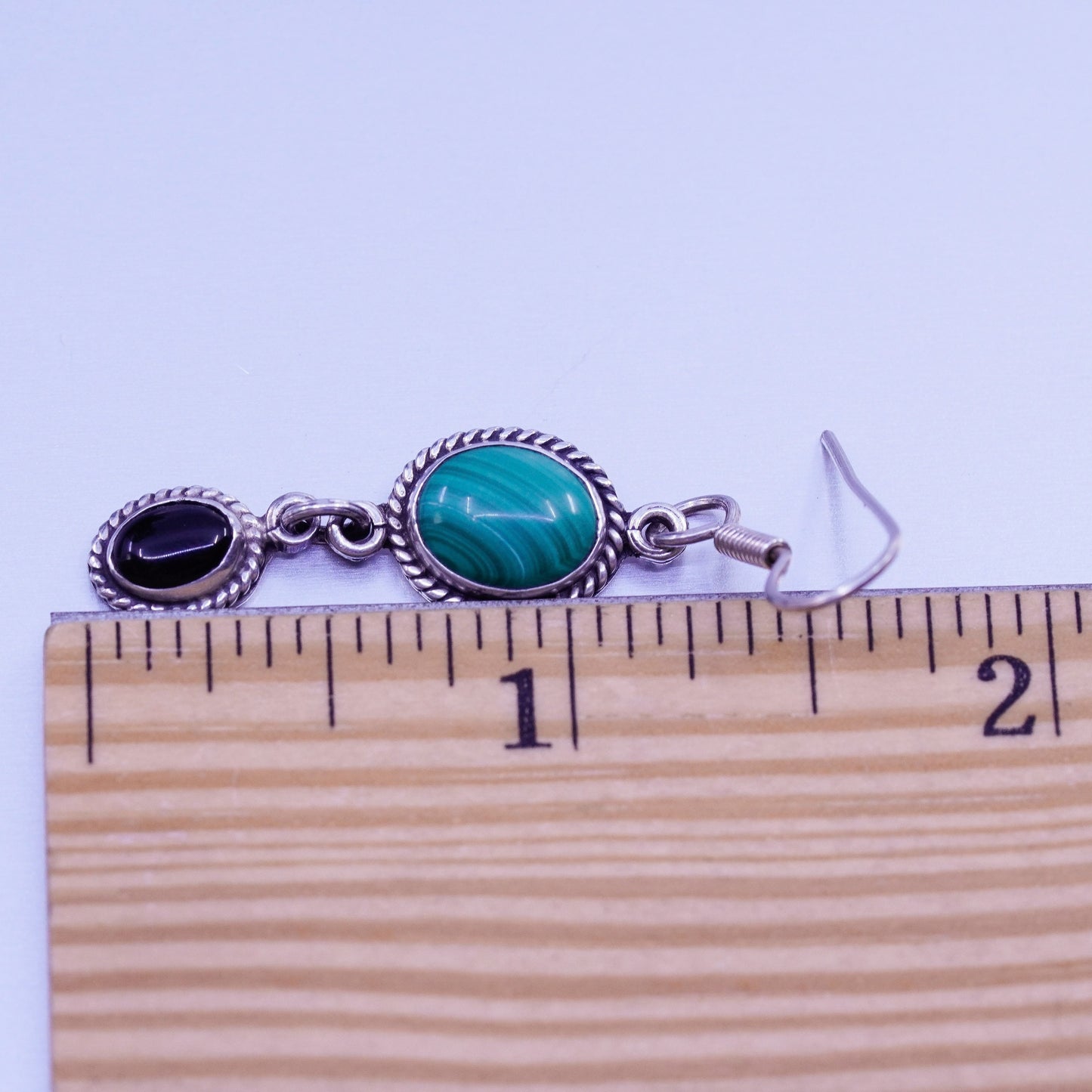 Vintage Sterling 925 silver oval earrings with malachite and obsidian