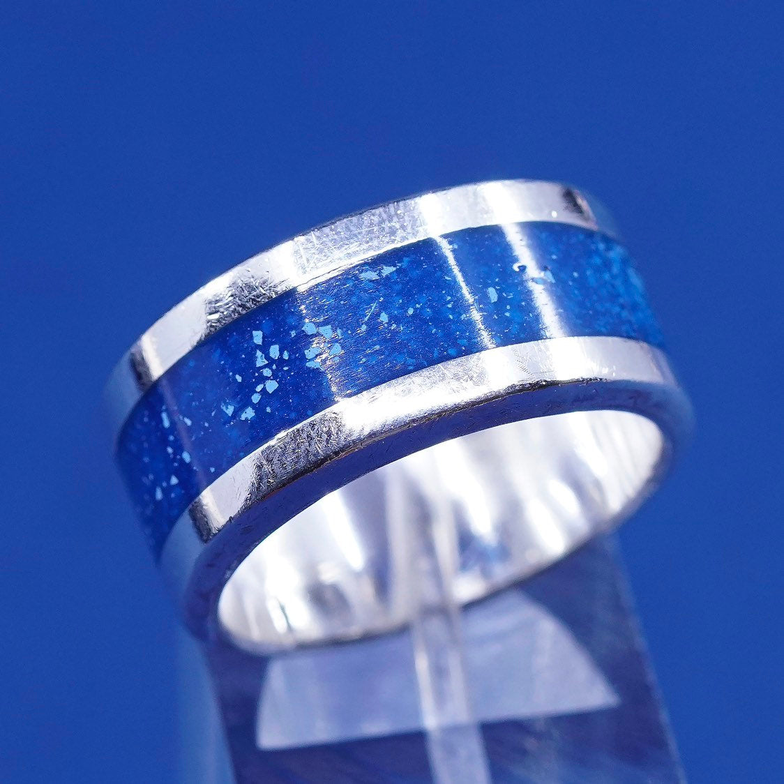 sz 9, vtg sterling silver handmade ring, 925 band w/ Lapis lazuli