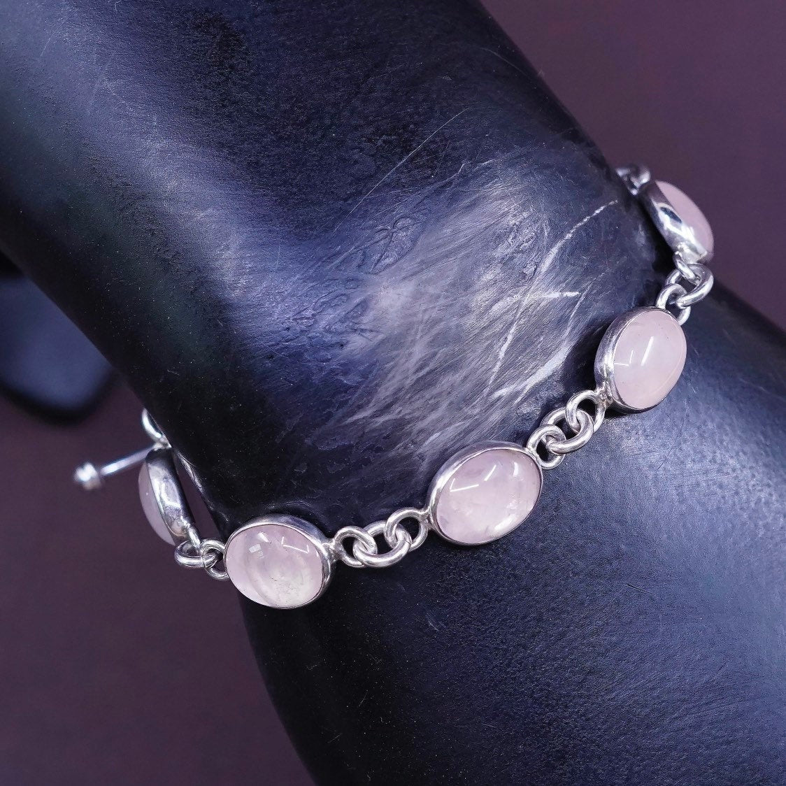 5.5”, vtg Sterling silver handmade bracelet, Mexico 950 w/ pink quartz n toggle