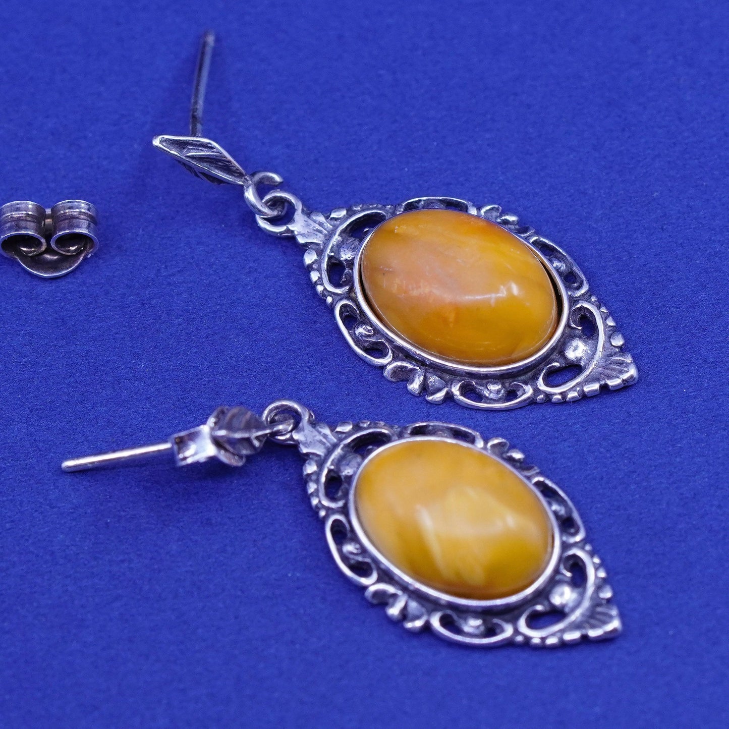 Vintage sterling 925 silver handmade filigree earrings with oval amber