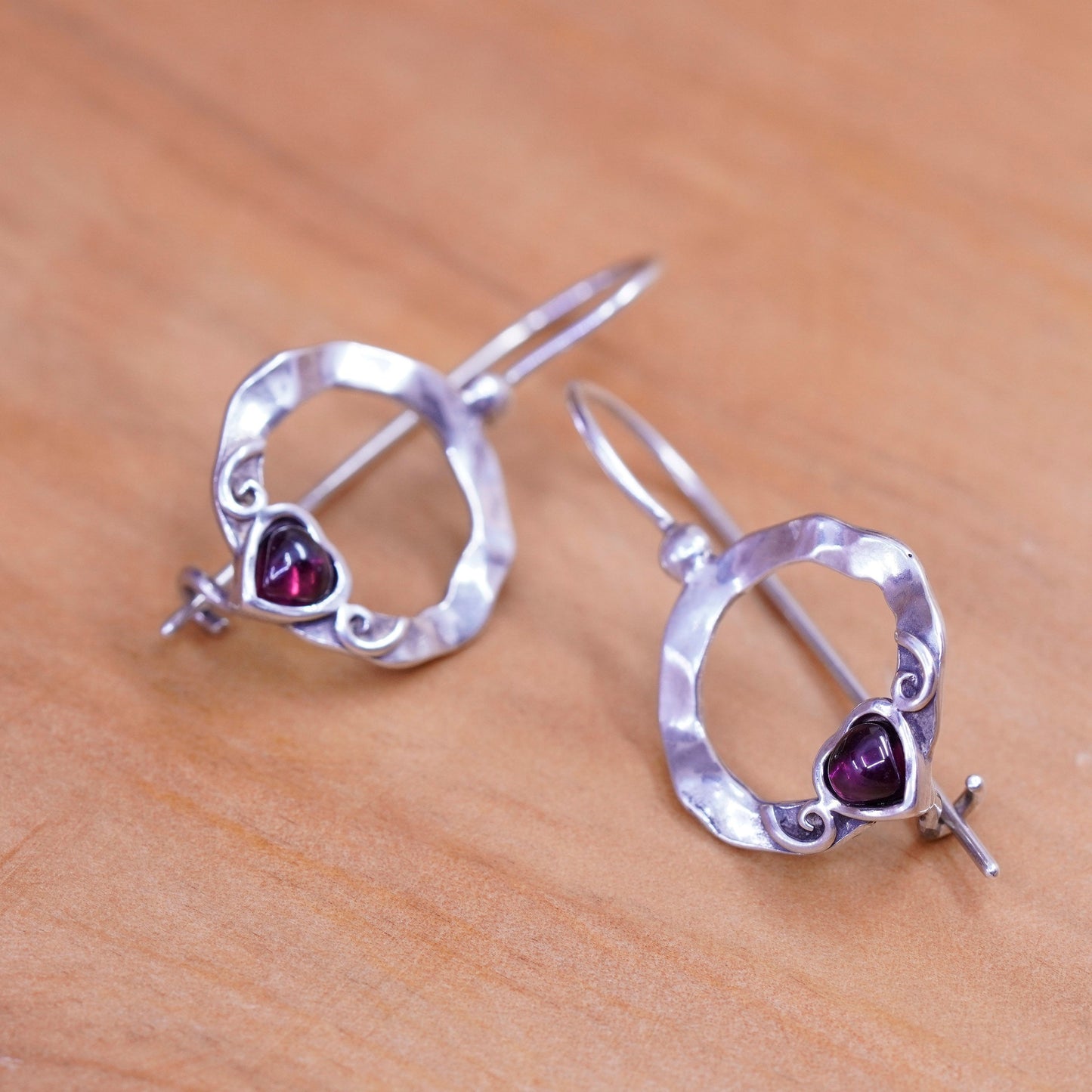 Israel wax casting Sterling silver handmade earrings, 925 hoops heart garnet