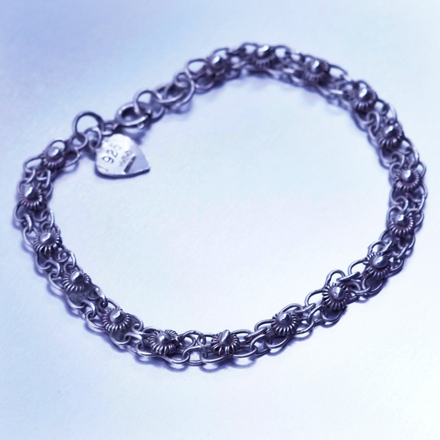 7.5”, 5mm, Vintage Sterling 925 silver handmade flower bracelet, chain
