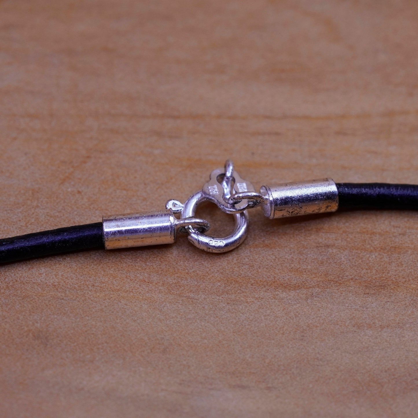 7.75”, vintage black leather bracelet with sterling 925 silver clasp