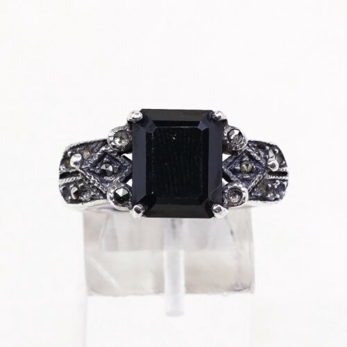 Sz 10.25, Vtg Sterling Silver handmade Ring, 925 Silver W/ Obsidian n marcasite