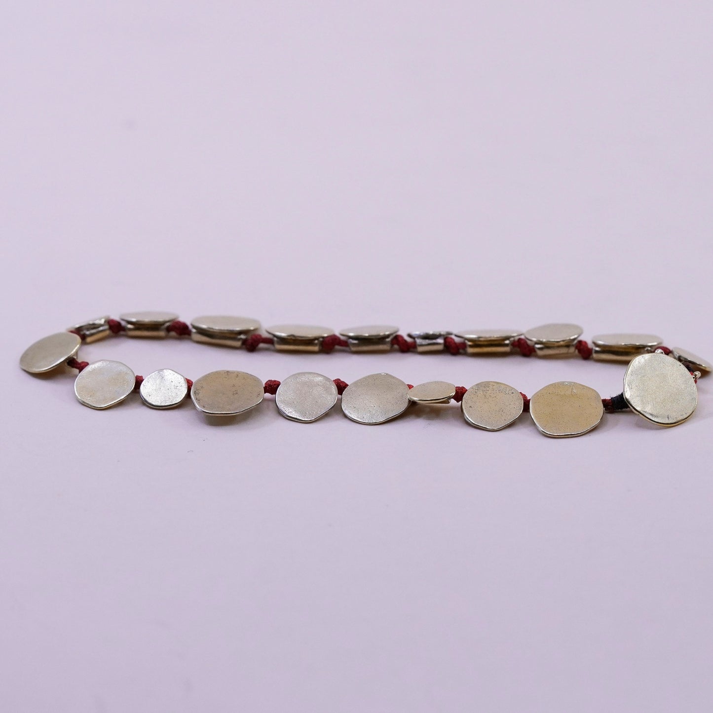 7.25”, vintage gold over Sterling 925 silver bracelet, red linen thread discs