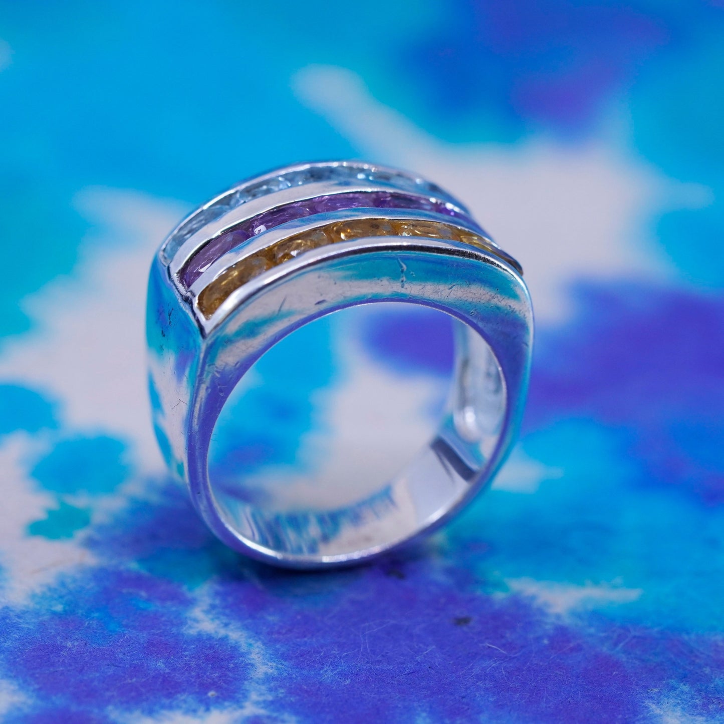Size 8.5, vtg Sterling silver handmade ring, 925 band amethyst sapphire citrine