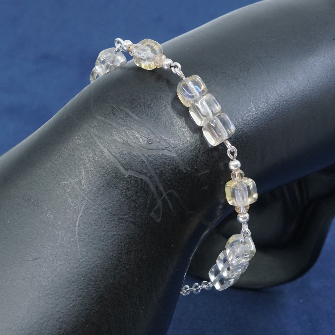 7"+1”, vtg handmade sterling silver bracelet, clear glass beads, stamped 925