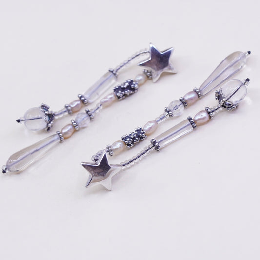 Sterling silver earrings, 925 star studs w/ cluster beads N pearl teardrop
