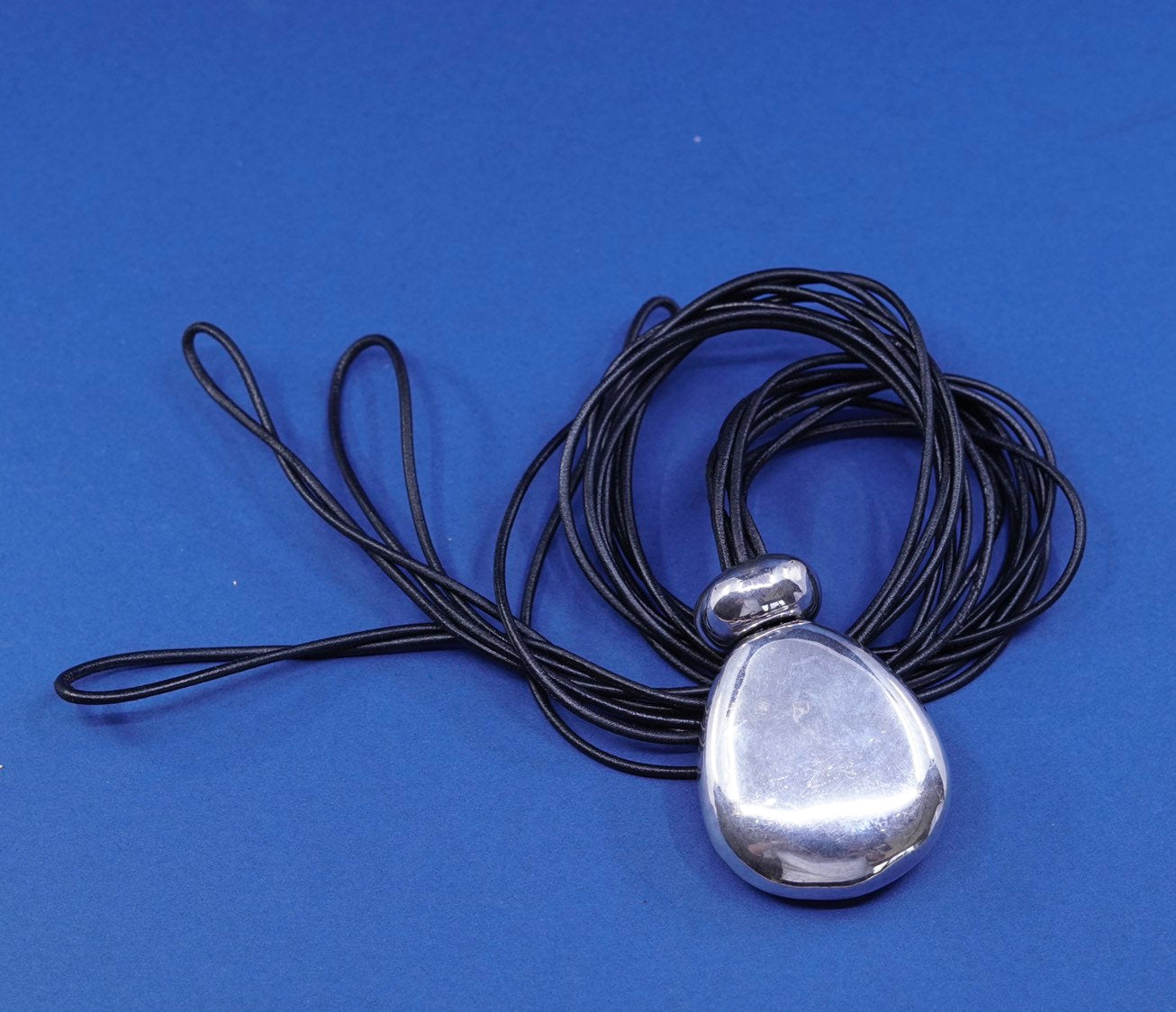 40”, vtg Sterling Silver Multi Strand black Leather Necklace Slide 925 Pendant