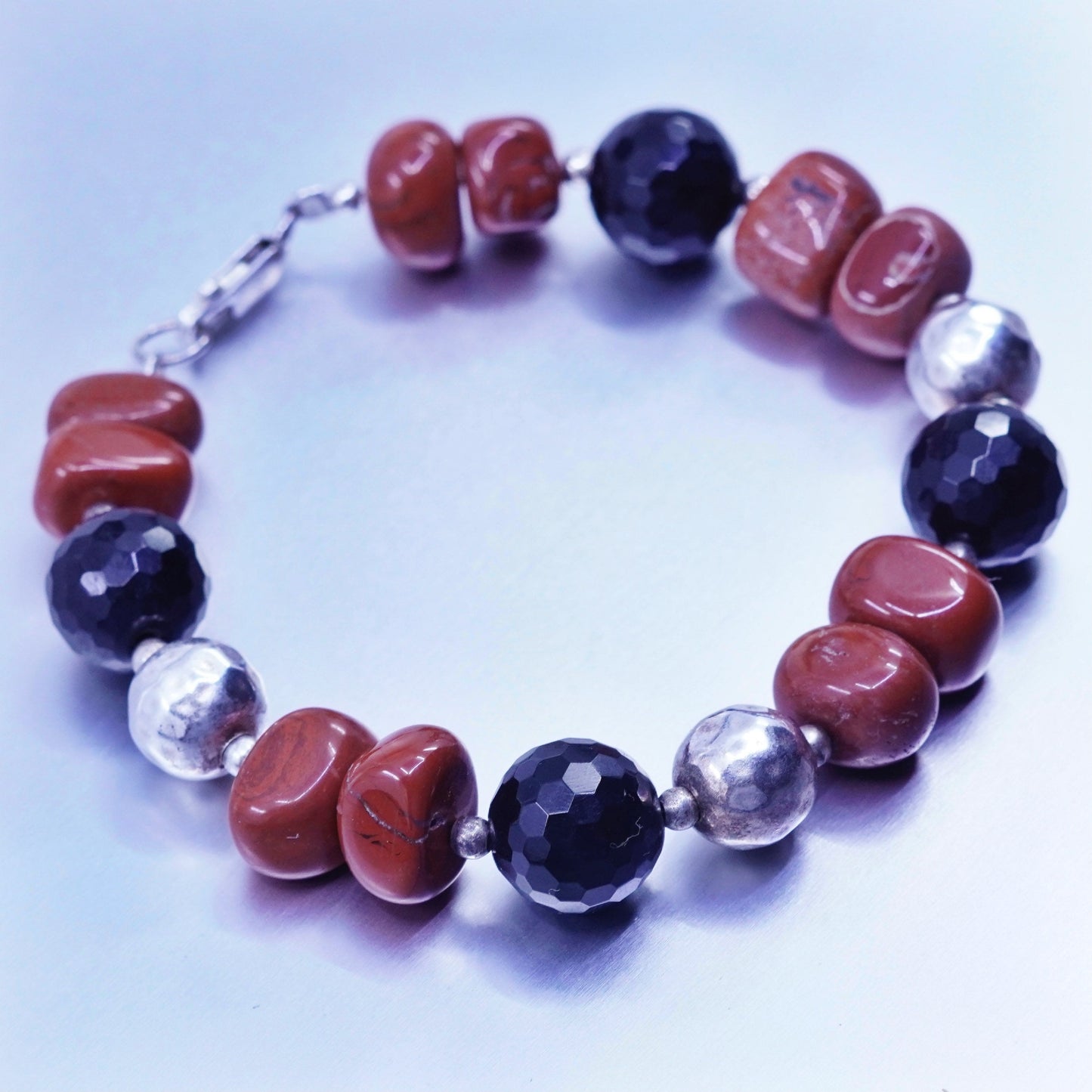 7”, vintage Sterling 925 silver handmade bracelet with obsidian jasper beads