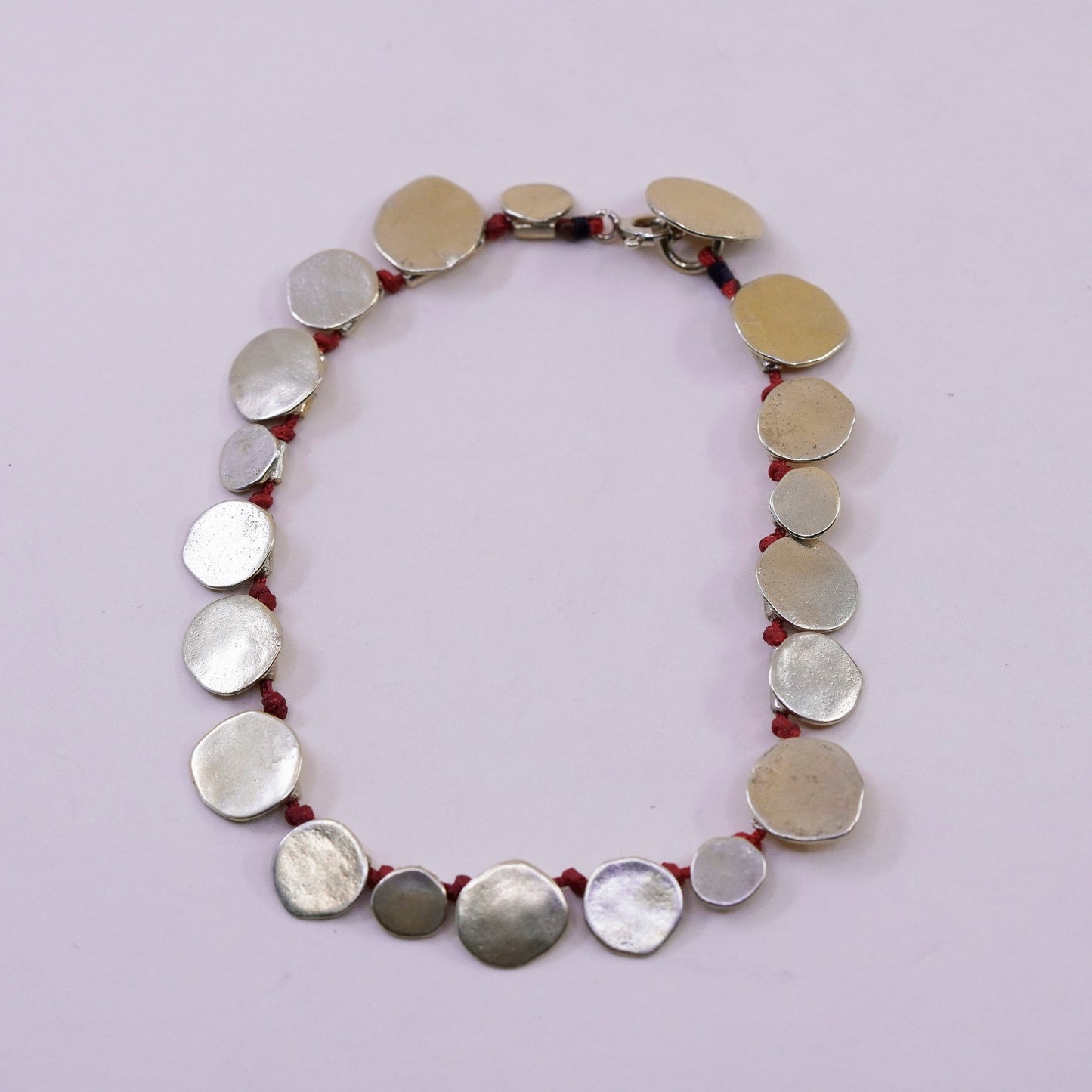7.25”, vintage gold over Sterling 925 silver bracelet, red linen thread discs