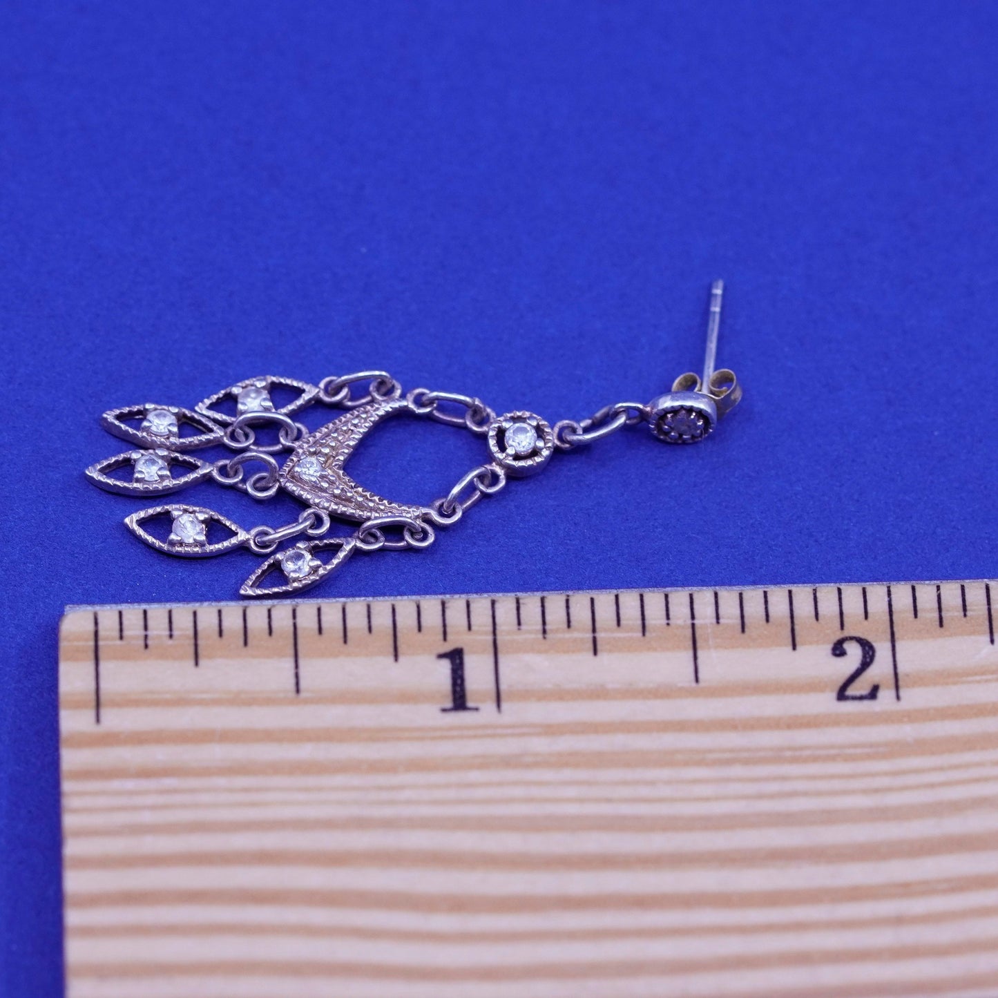 Vintage Sterling silver handmade earrings, filigree 925 teardrop with cz
