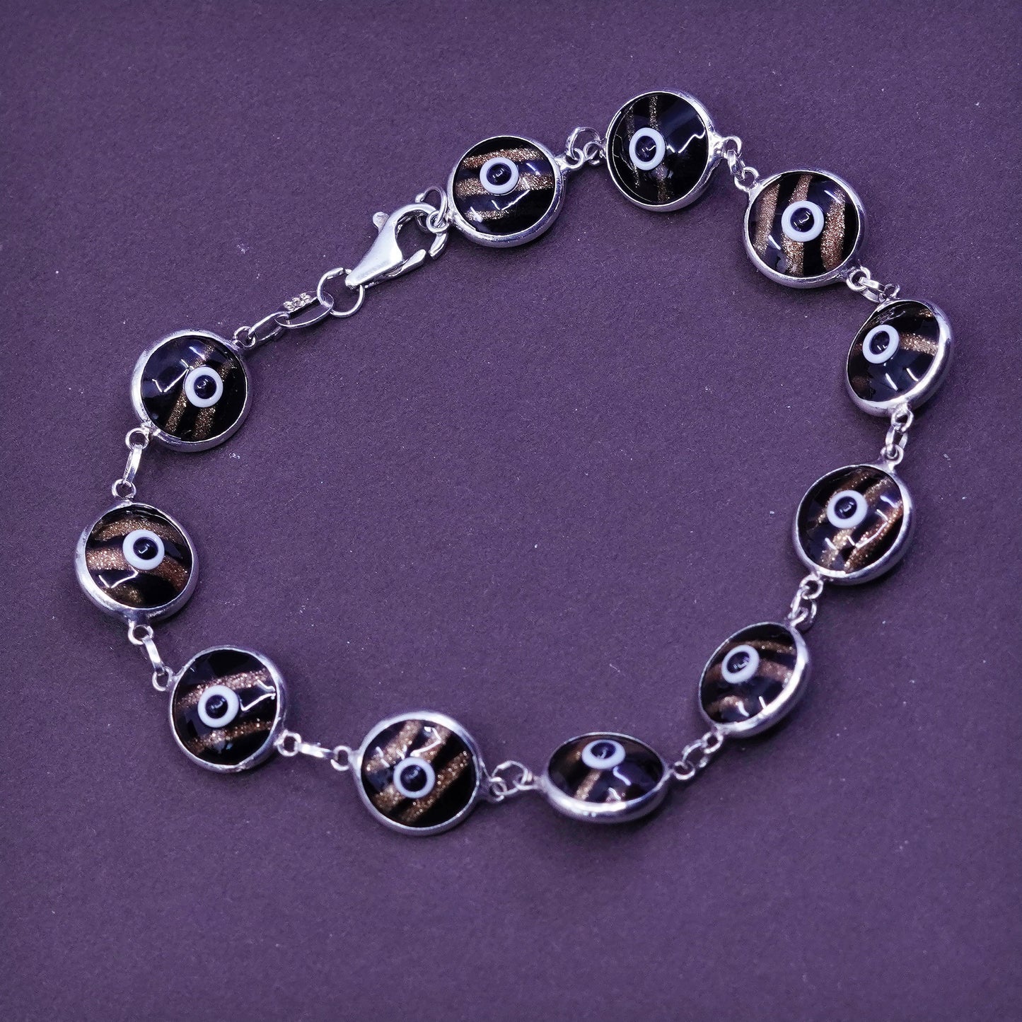 7”, vtg sterling 925 silver handmade bracelet w/ foiled glass evil eye bracelet