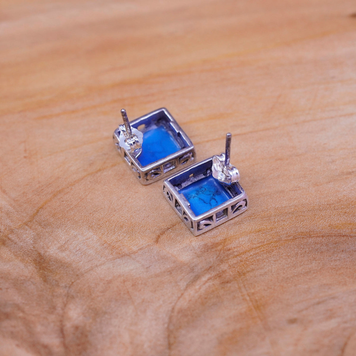 Sterling silver handmade earrings, southwestern 925 square with turquoise studs