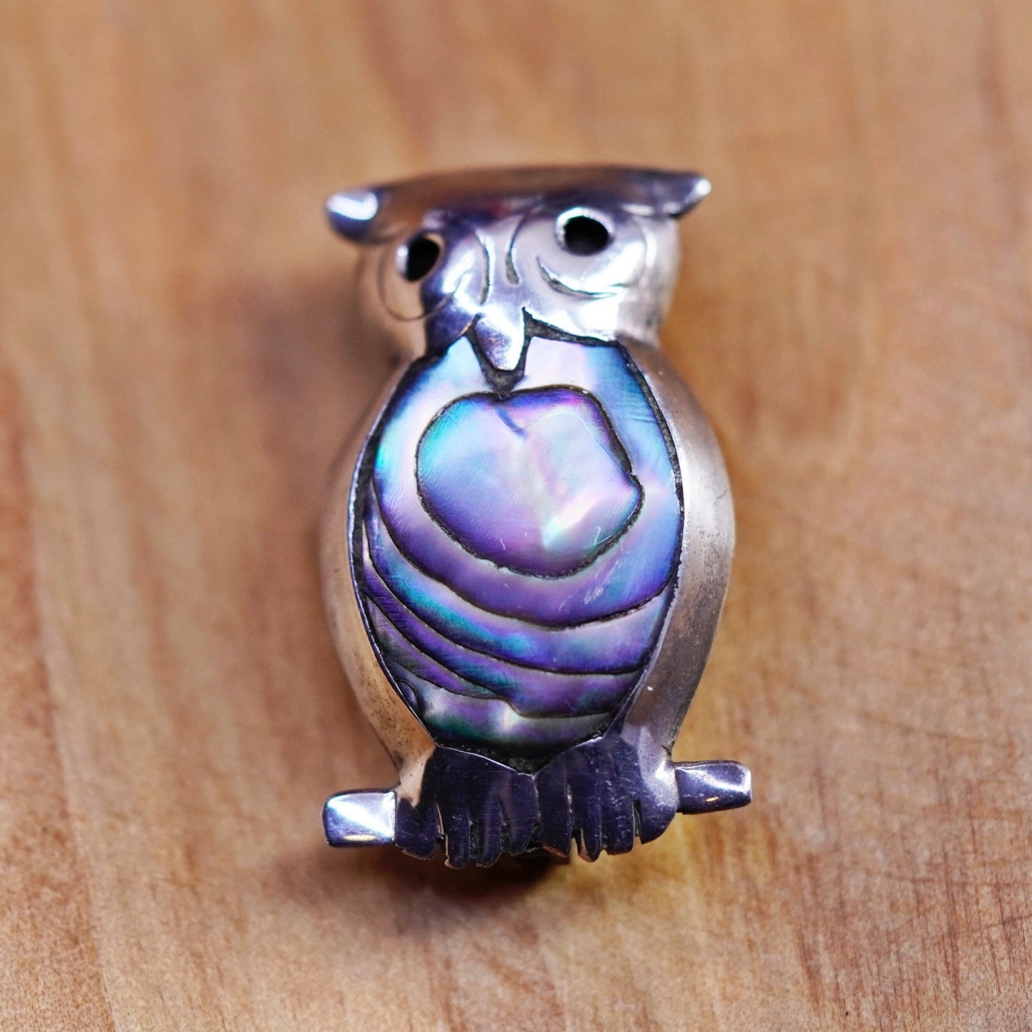 Vintage Native American handmade 925 owl bird brooch pin with abalone