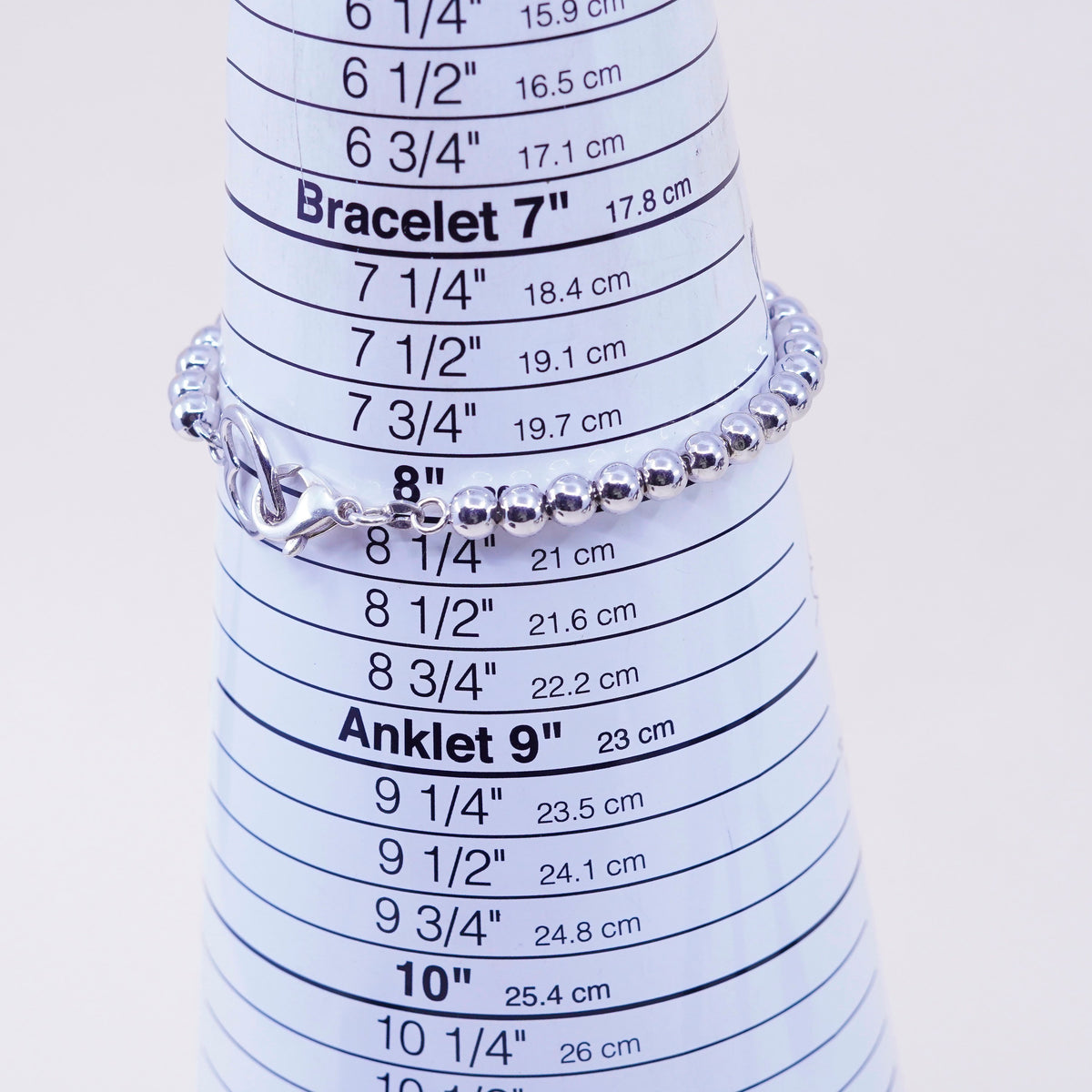 8”, 6mm, Sterling silver handmade bracelet, 925 beads chain with heart charm