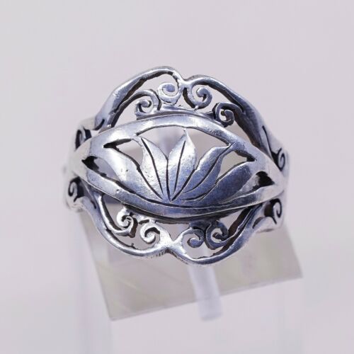 Sz 7.5, Vtg 925 Sterling Silver Handmade Band Ring Filigree Leaves, Stamped 925