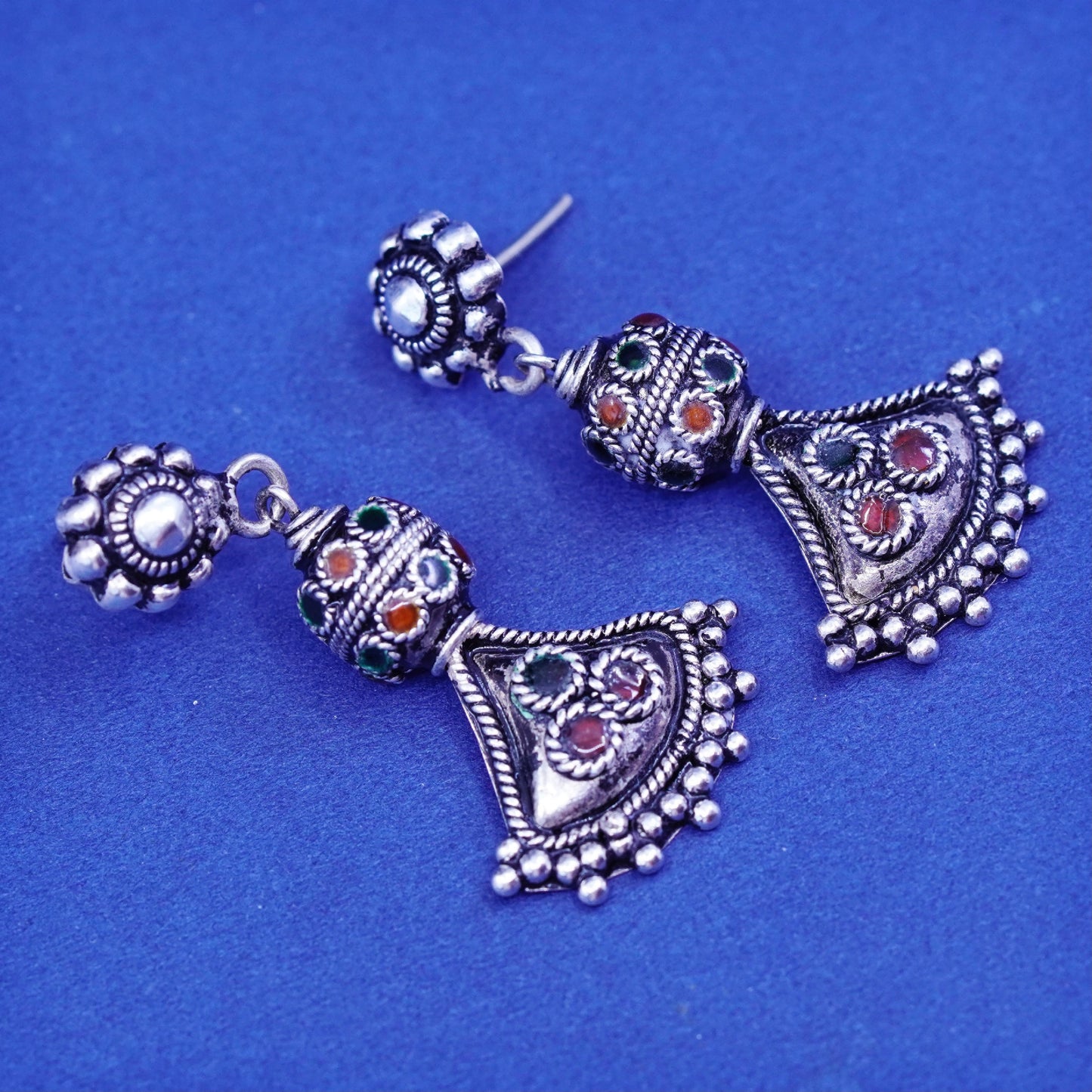 Vintage sterling silver handmade earrings, bali 925 drop with enamel