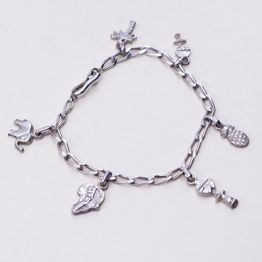 7”,, sterling 925 silver curb bracelet w/ palm tree pineapple elephant charms