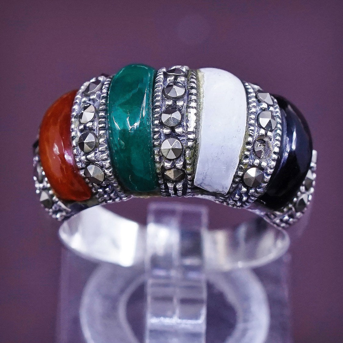 sz 8, Sterling 925 silver handmade ring w/ jade Obsidian Carnelian N Marcasite