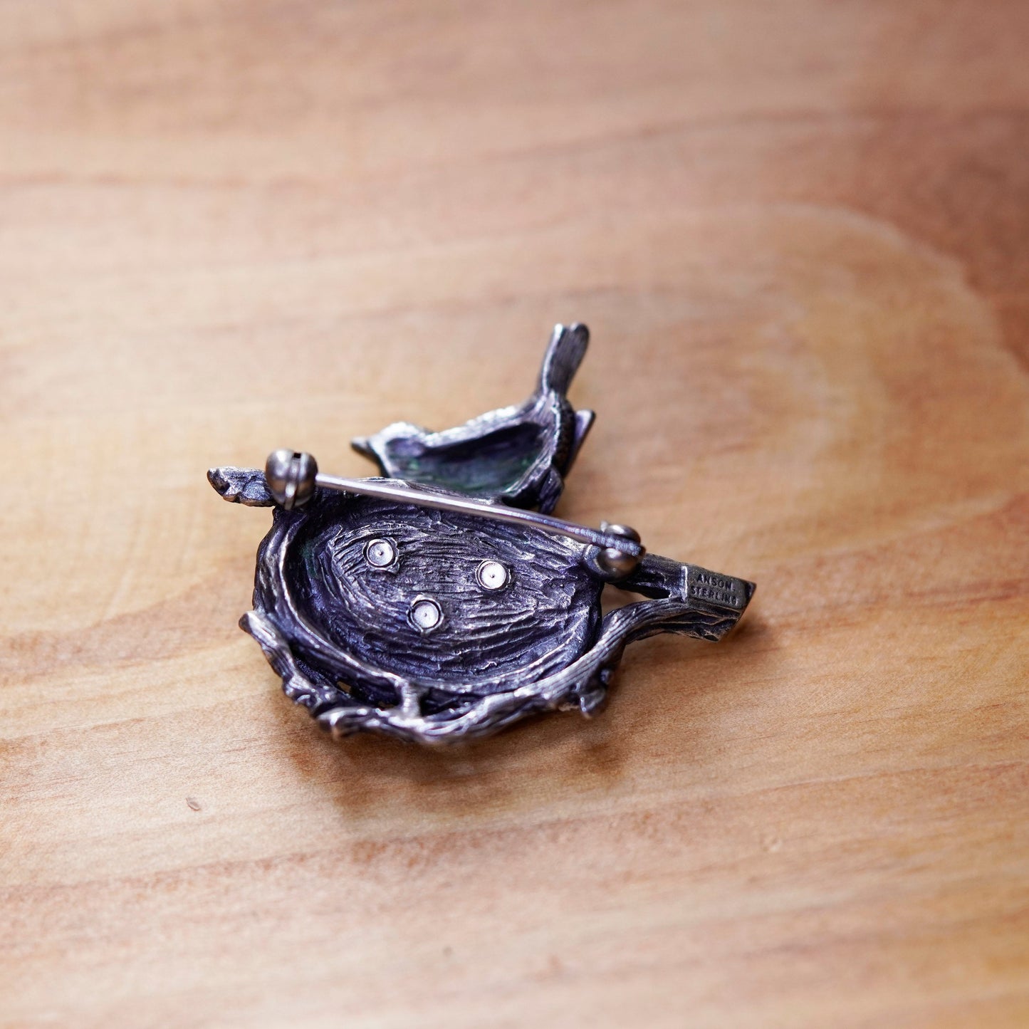 Vintage Anson handmade sterling 925 silver bird nest brooch pin with cz