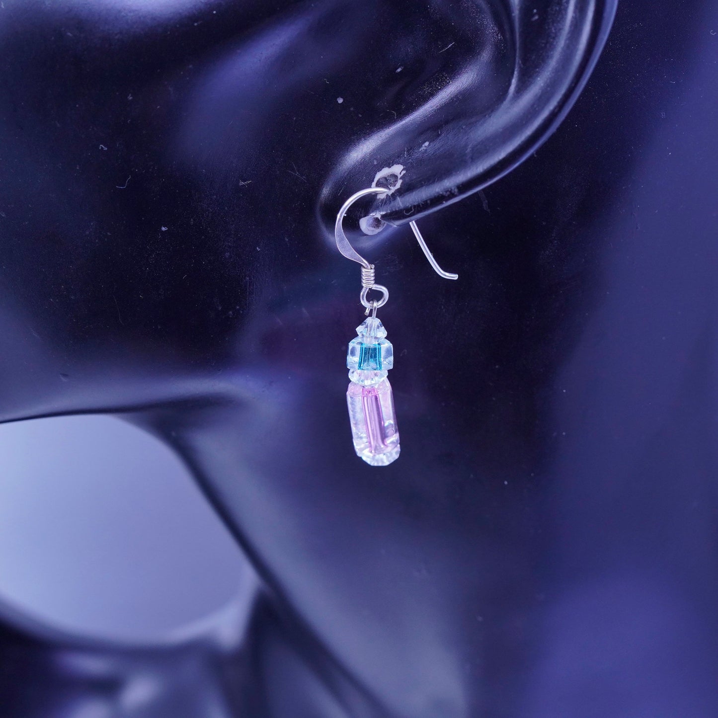 Vintage Sterling 925 silver handmade earrings with pink crystal