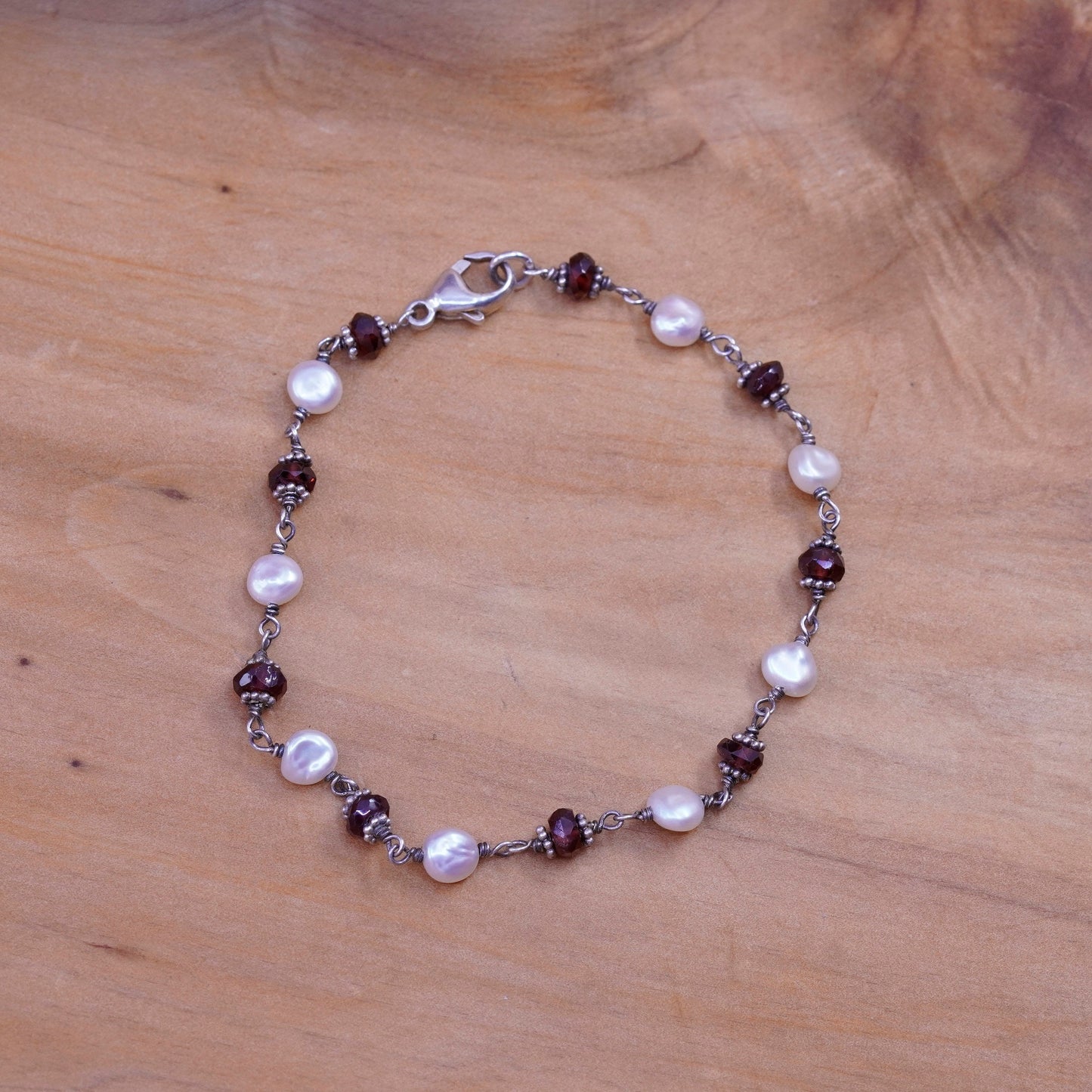 6.75”, vintage Sterling 925 silver beads bracelet with garnet and pearl