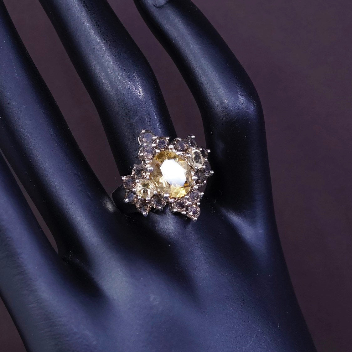 sz 7.75, vtg Sterling silver handmade statement ring, 925 w/ cluster citrine