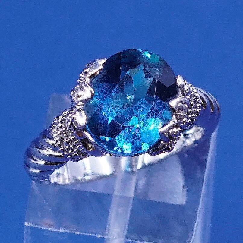 Size 6.25, vtg sterling silver handmade ring, 925 w/ oval blue topaz N flower