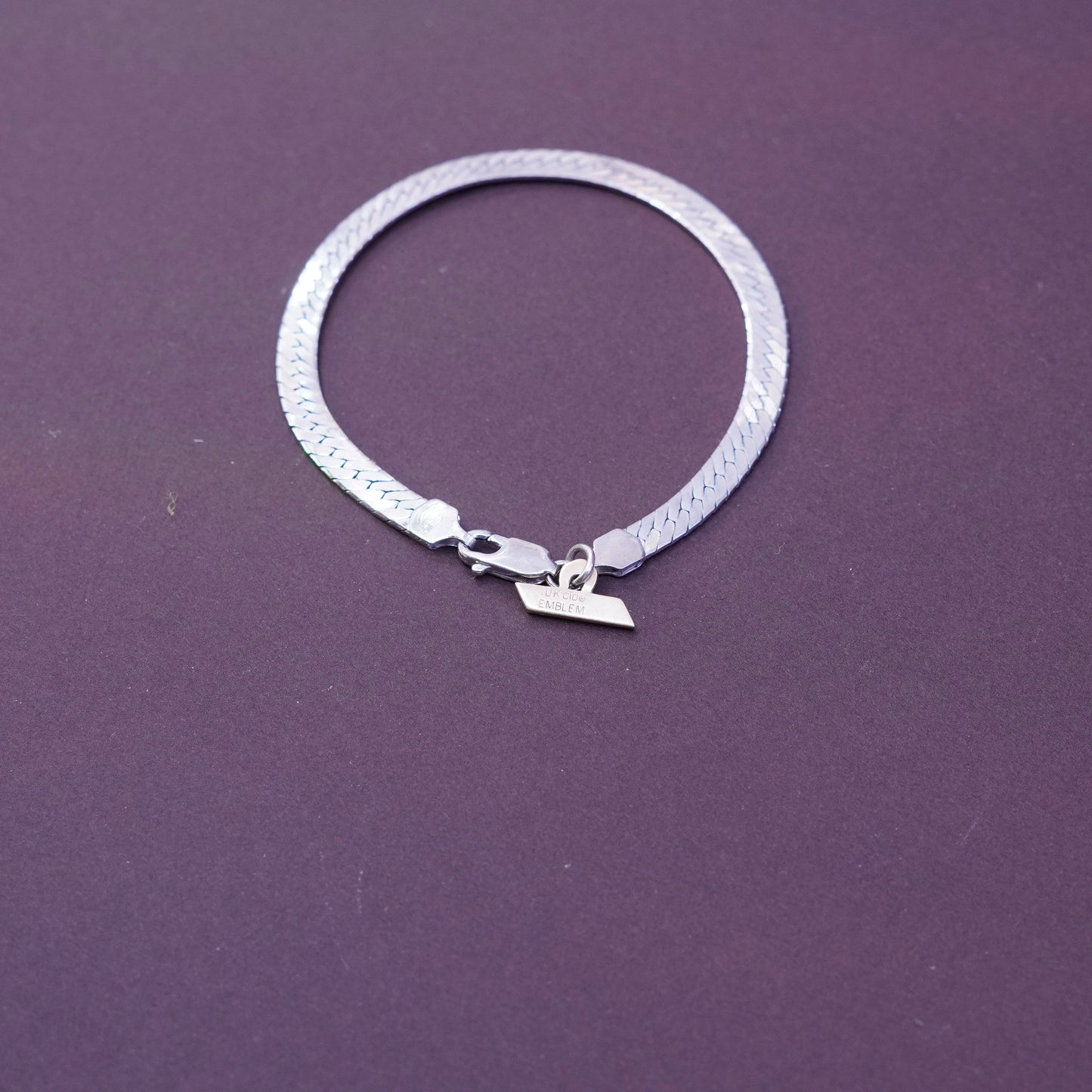 7”, Sterling silver herringbone bracelet, Italy 925 chain 10K gold Demco charm
