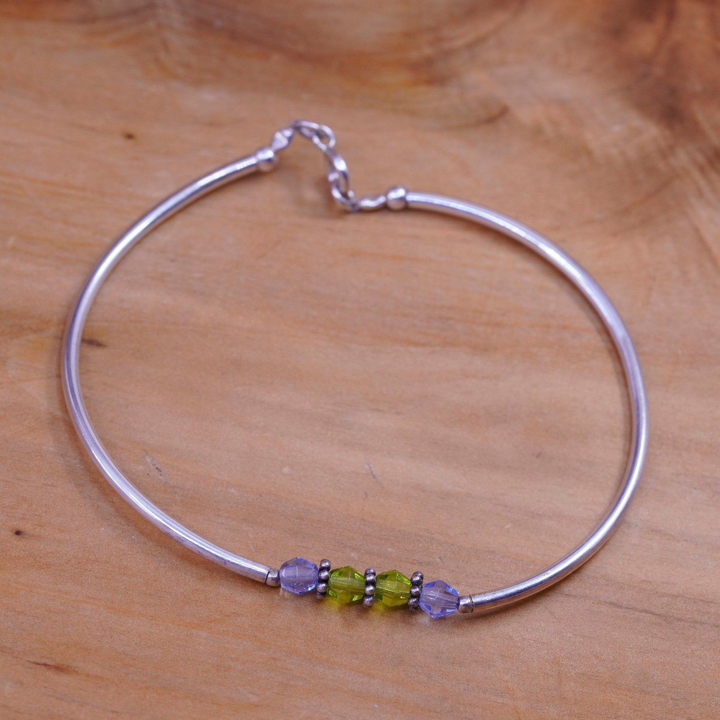 8”, vtg Sterling silver handmade bracelet, 925 hinged bangle with crystal beads