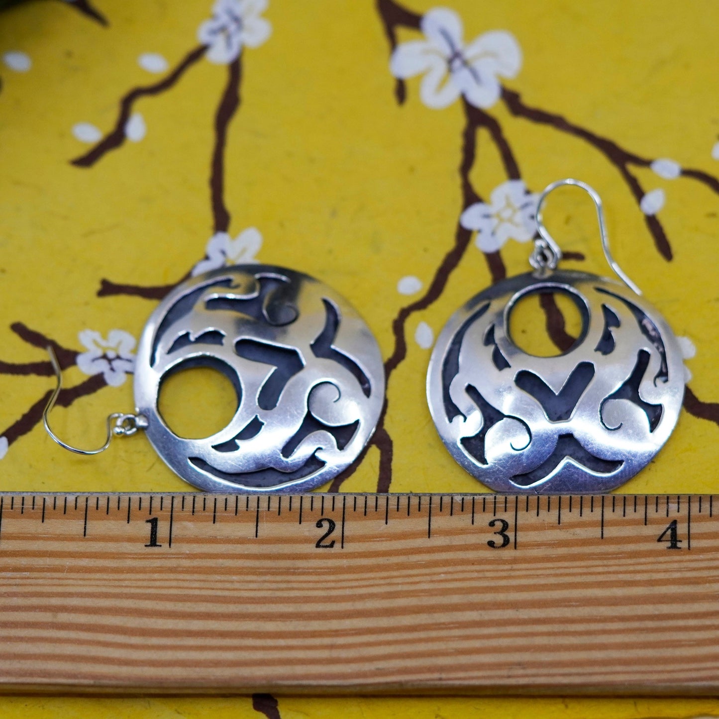 Vintage Mexico taxco Sterling silver handmade earrings, huge 900 circle dangle