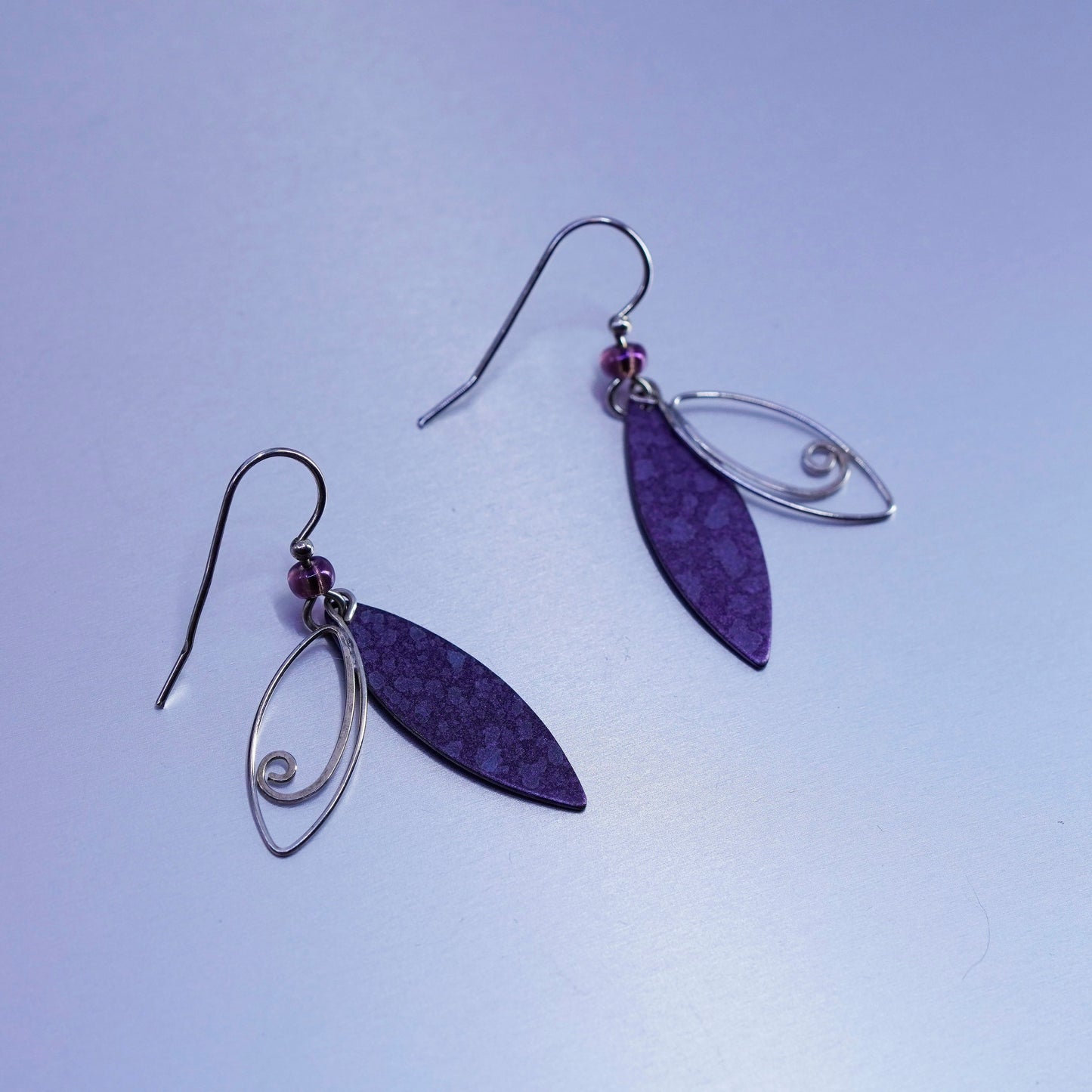 Vintage Sterling 925 silver handmade swirly earrings with purple stone