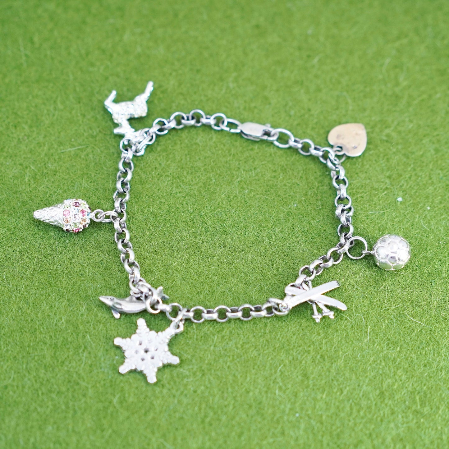 6.5”, sterling 925 silver circle charm bracelet ice cream snowflake football