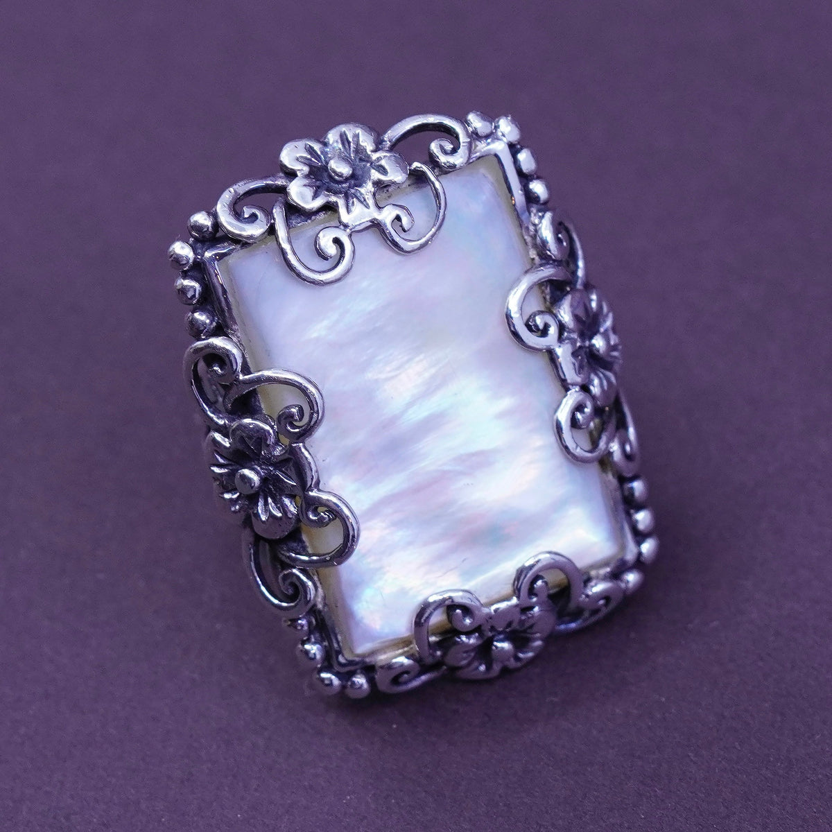 Size 6, CFJ Sterling 925 silver handmade ring with mother of pearl and flower