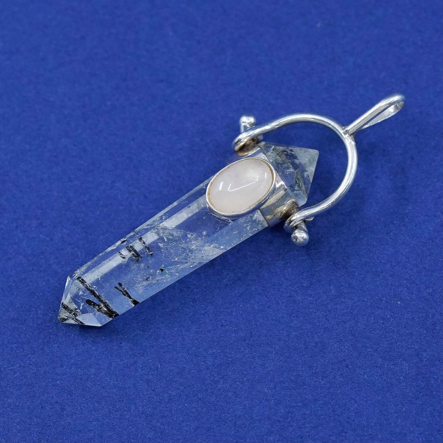 vtg handmade sterling silver charm, 925 Crystal healing Tourmalinated Quartz