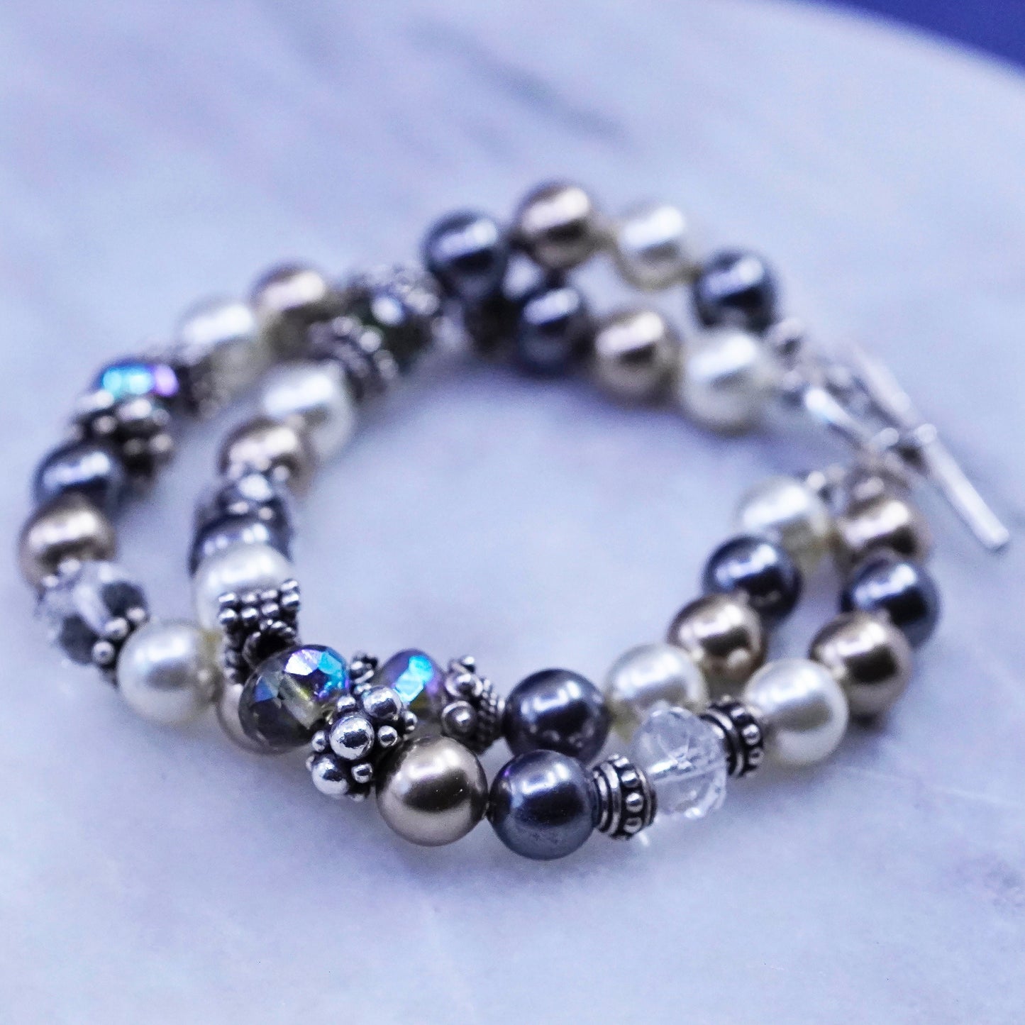 6.5”, vintage sterling 925 silver handmade bracelet, genuine pearl beads heart