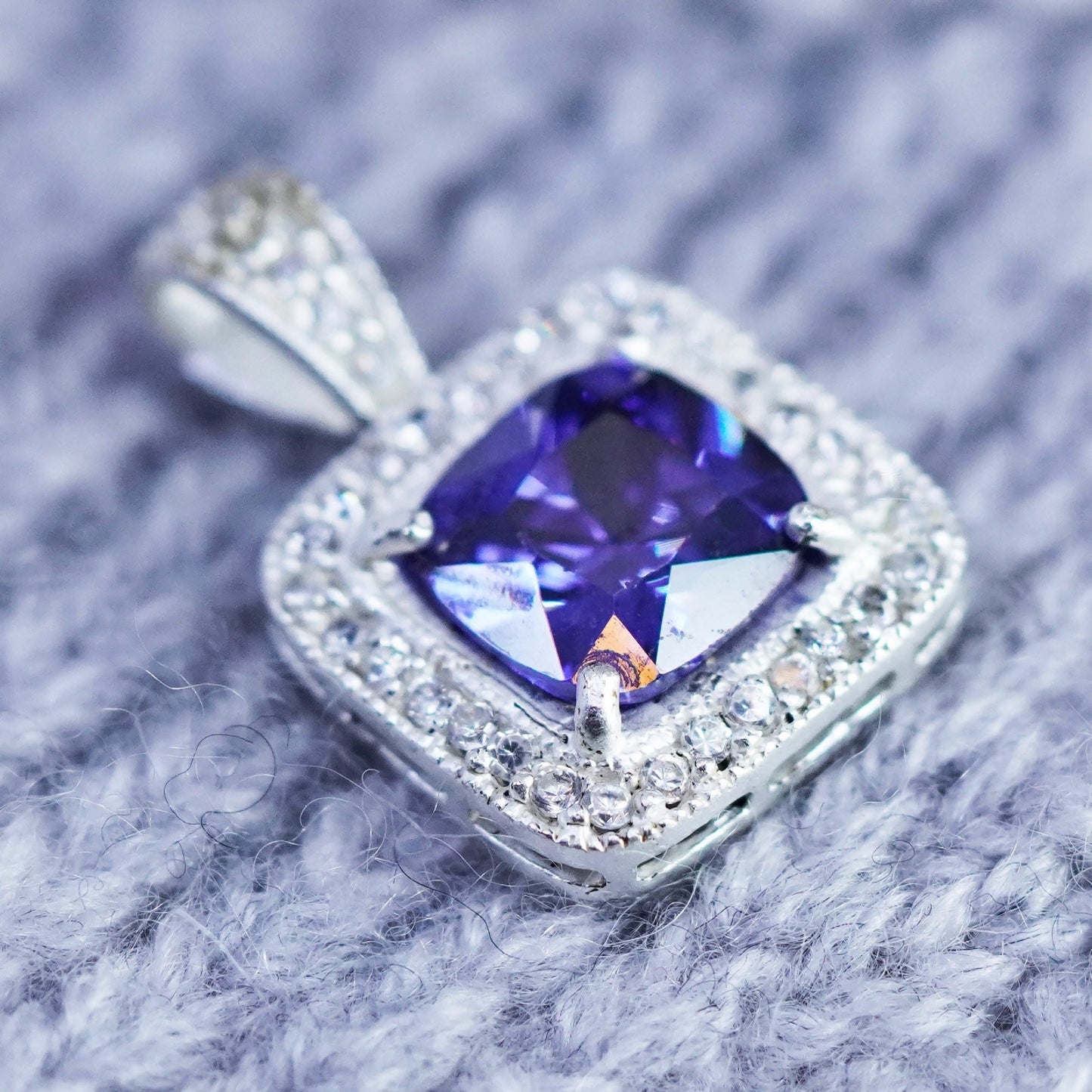 Vintage sterling 925 silver square pendant with amethyst and Cz
